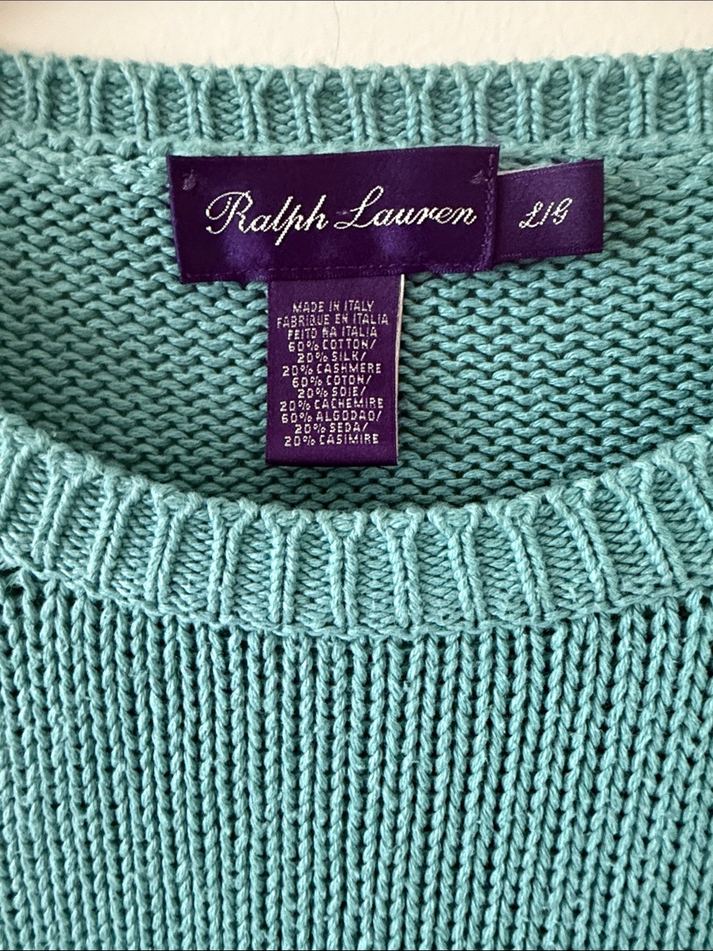 Ralph Lauren Purple Label Cashmere Blend Crewneck Sweater Aqua Blue Size Large - Picture 4 of 8